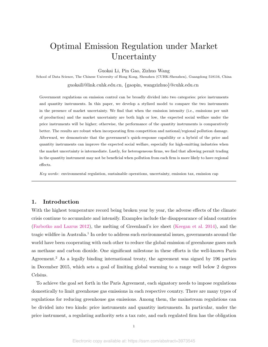 First page of Optimal Emission Regulation under Market Uncertainty