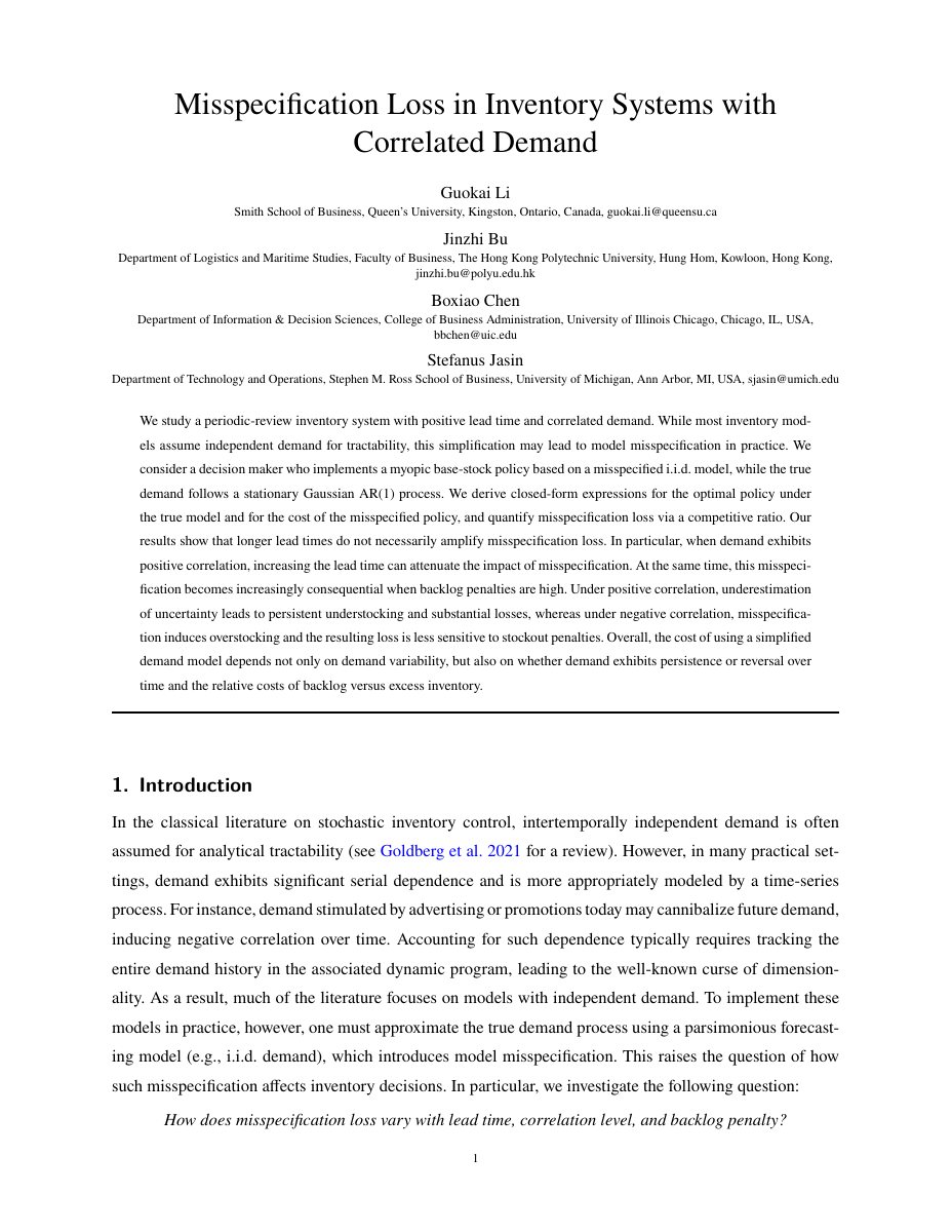 First page of Misspecification Loss in Inventory Systems with Correlated Demand