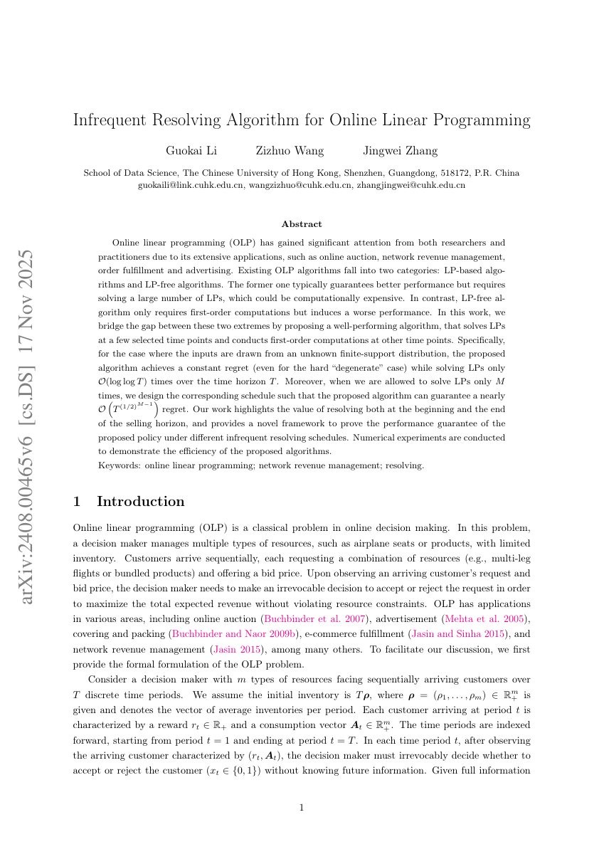 First page of Infrequent Resolving Algorithm for Online Linear Programming