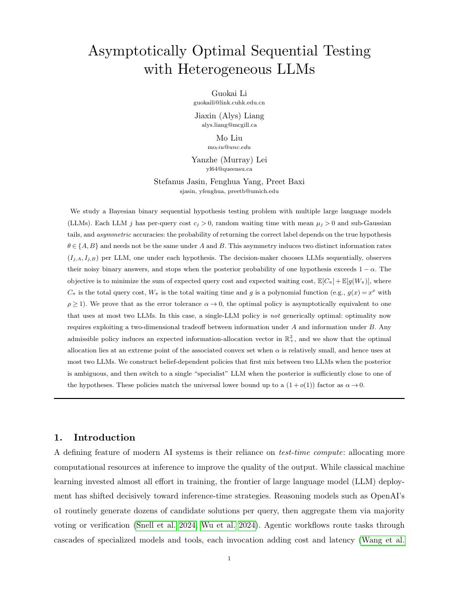 First page of Asymptotically Optimal Sequential Testing with Heterogeneous LLMs